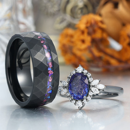 Romantic Galaxy Sandstone Engagement Couple Rings Promise Blue Hammered Tungsten Ring