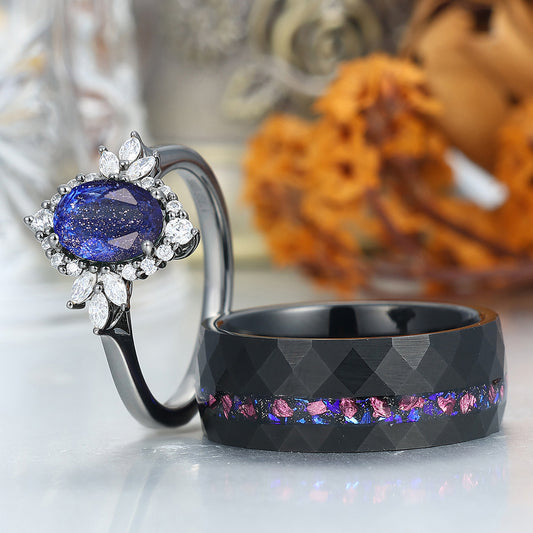 Romantic Galaxy Sandstone Engagement Couple Rings Promise Blue Hammered Tungsten Ring