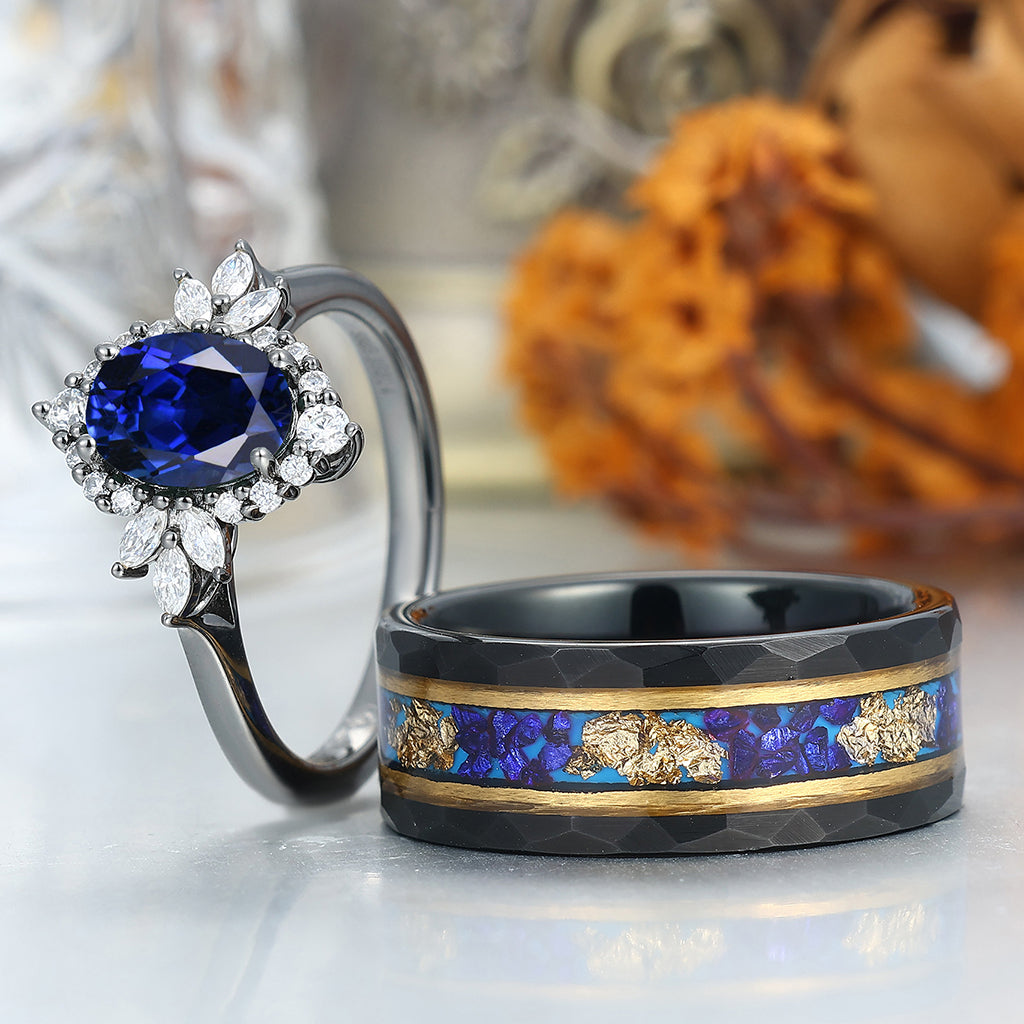 Noble Blue Sapphire Couple Rings Deco Milgrain Moissanite Floral Rings Blue Hammered Tungsten Ring