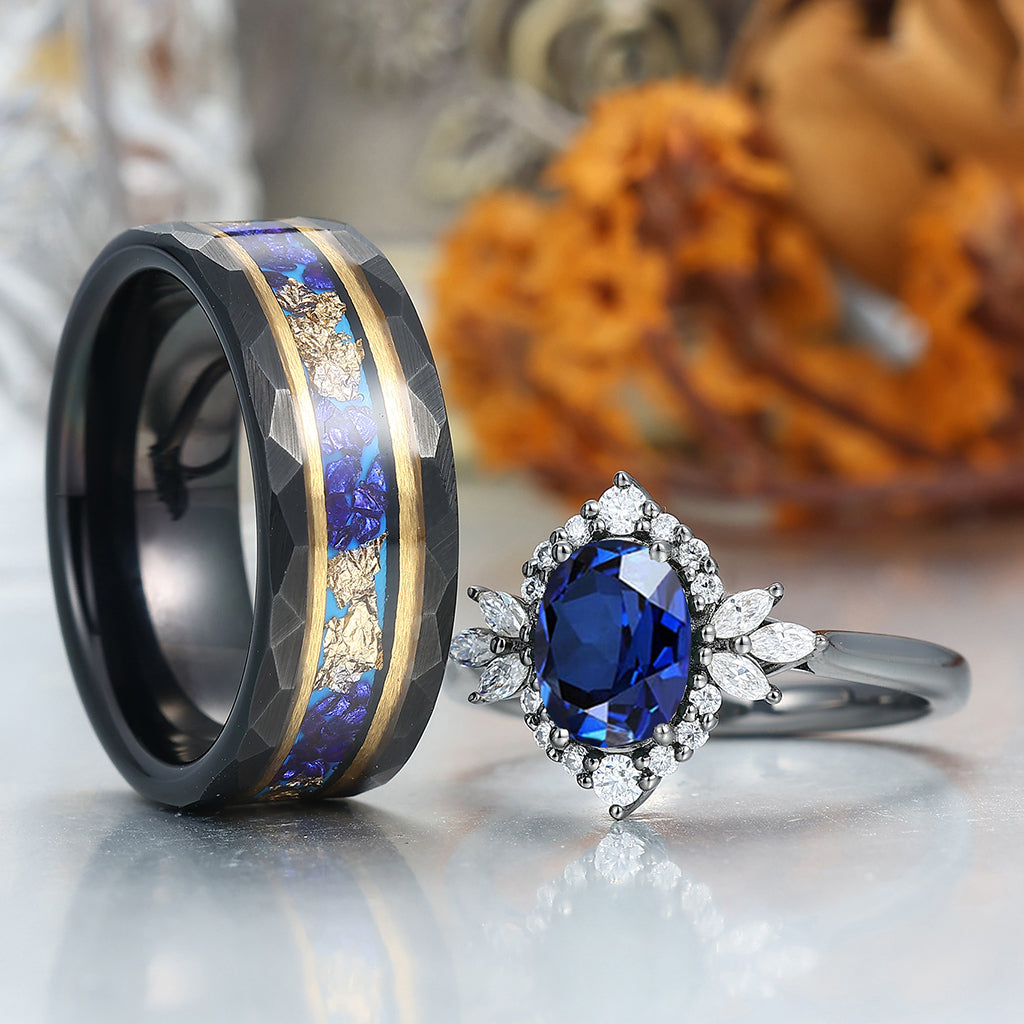 Noble Blue Sapphire Couple Rings Deco Milgrain Moissanite Floral Rings Blue Hammered Tungsten Ring