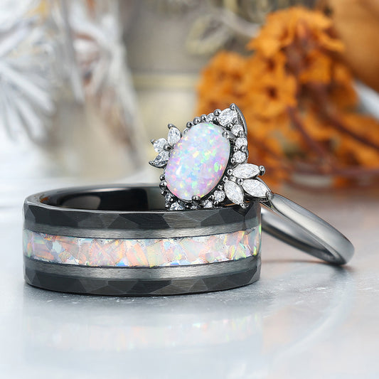Unique Pink White Opal Halo Engagement Couple Rings S925 And Tungsten Wedding Ring