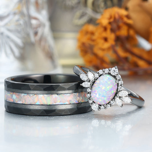 Unique Pink White Opal Halo Engagement Couple Rings S925 And Tungsten Wedding Ring