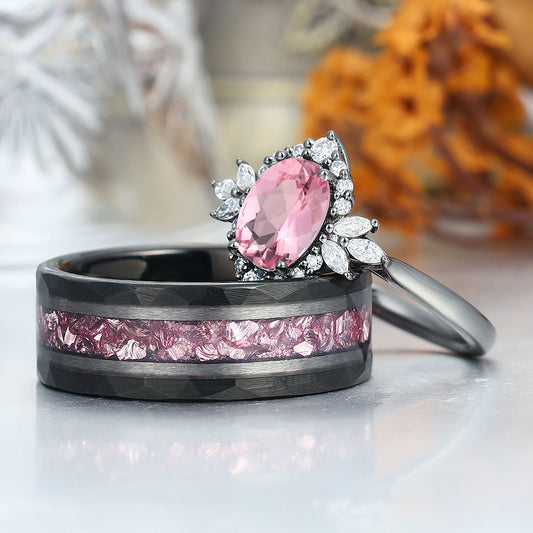 Romantic Pink Morganite Engagement Couple Rings Matching Black Tungsten His And Hers Wedding Bands