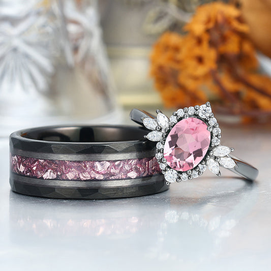 Romantic Pink Morganite Engagement Couple Rings Matching Black Tungsten His And Hers Wedding Bands