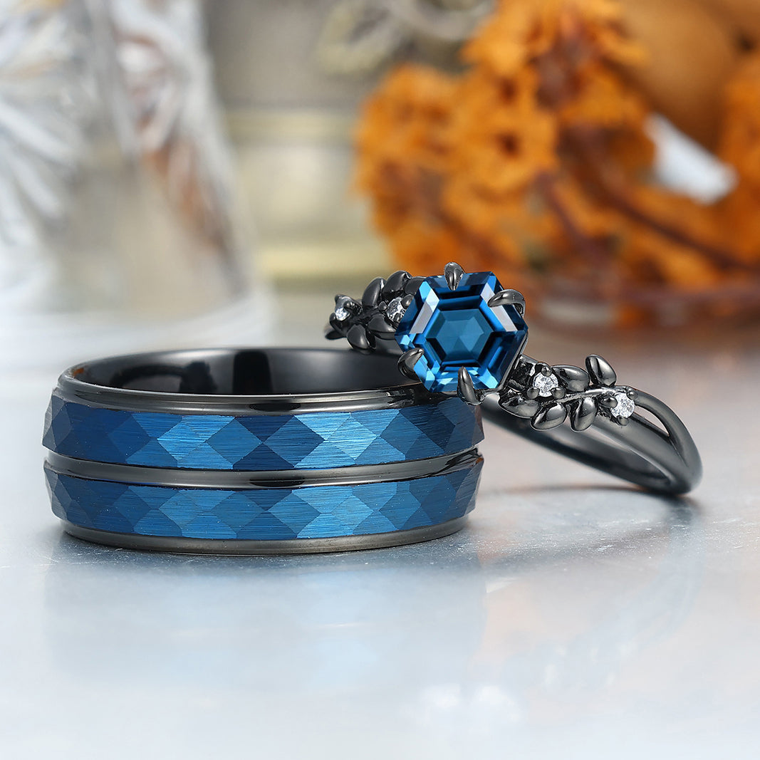 Hexagon Cut London Blue Topaz Wheat Design Couple Rings S925 And Tungsten Wedding Band