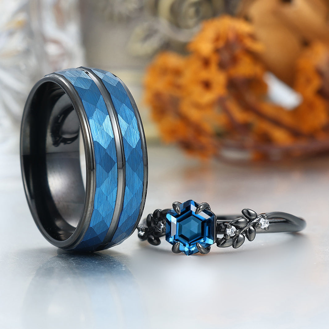 Hexagon Cut London Blue Topaz Wheat Design Couple Rings S925 And Tungsten Wedding Band