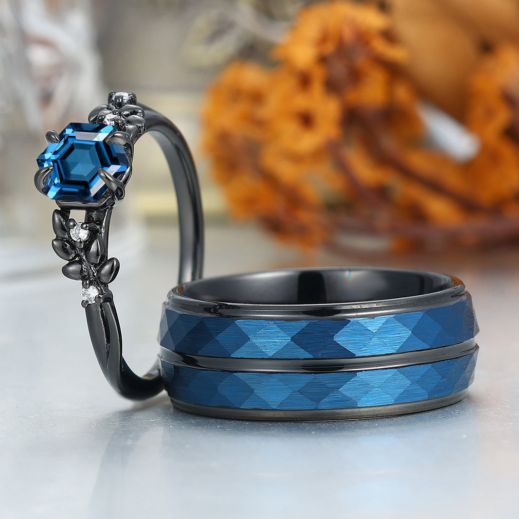 Hexagon Cut London Blue Topaz Wheat Design Couple Rings S925 And Tungsten Wedding Band