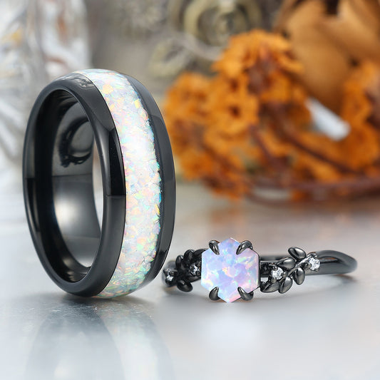 Unique Pink White Opal Wheat Design Couple Rings Anniversary His And Hers Wedding Bands