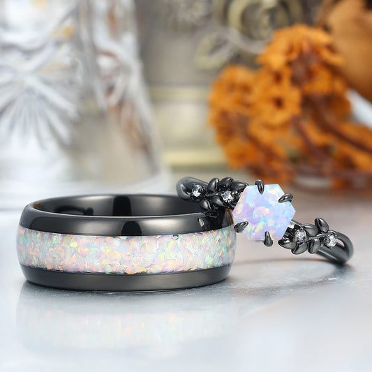 Unique Pink White Opal Wheat Design Couple Rings Anniversary His And Hers Wedding Bands