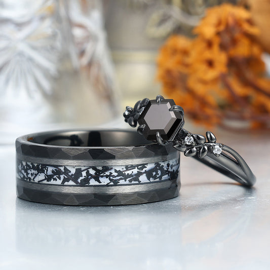 Wheat Design Natural Black Onyx Couple Rings Personalized His And Hers Wedding Bands