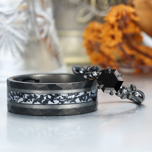 Wheat Design Natural Black Onyx Couple Rings Personalized His And Hers Wedding Bands