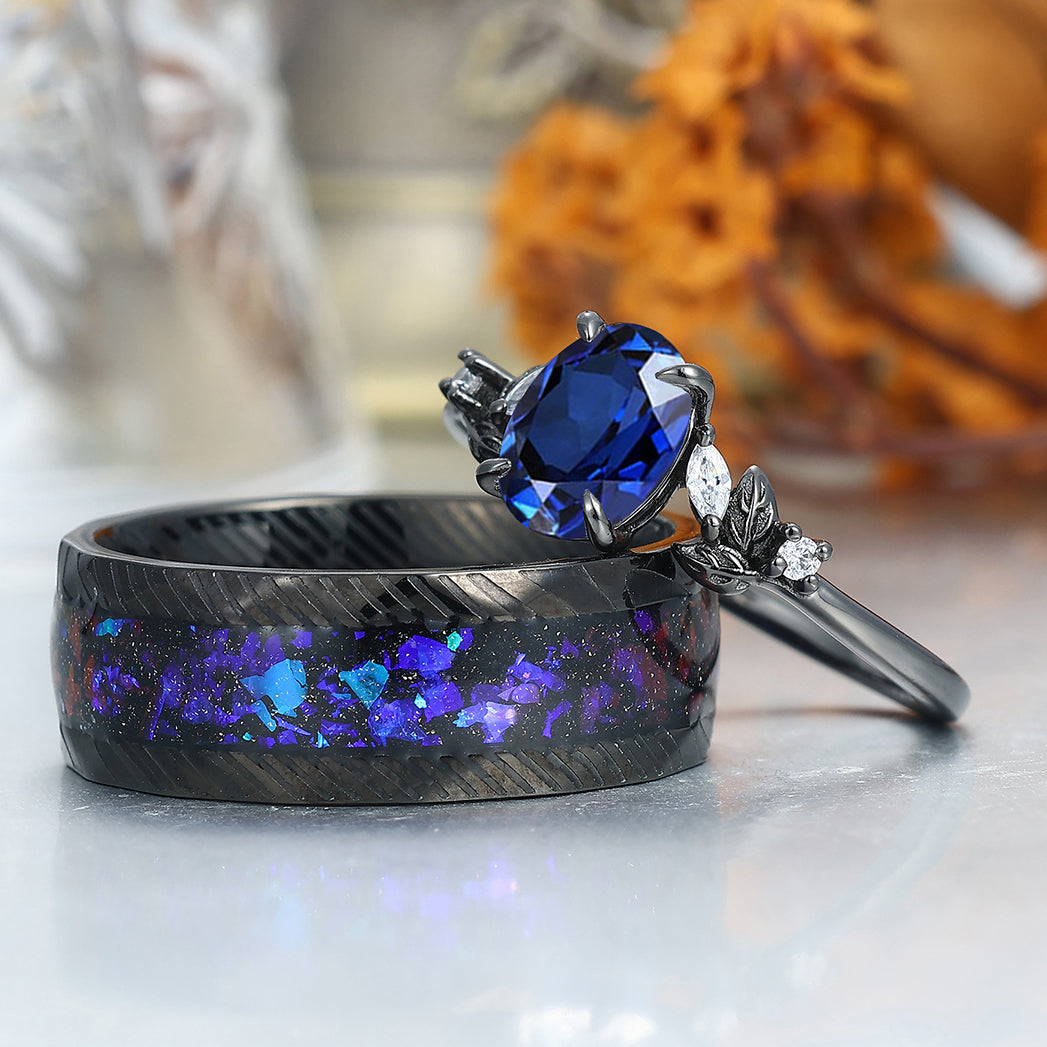 Delicate Sapphire Matching Engagement and Wedding Rings Blue Anniversary Couple Rings