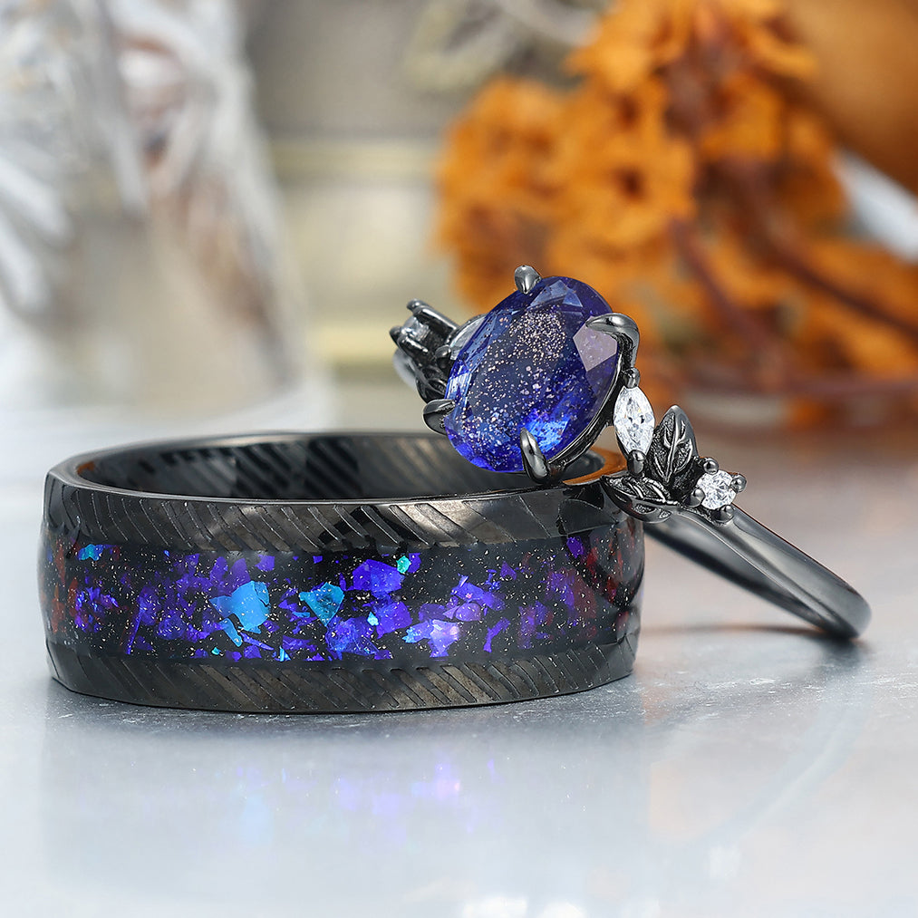 Aglisten Galaxy Sandstone Couple Rings Matching Engagement and Wedding Rings