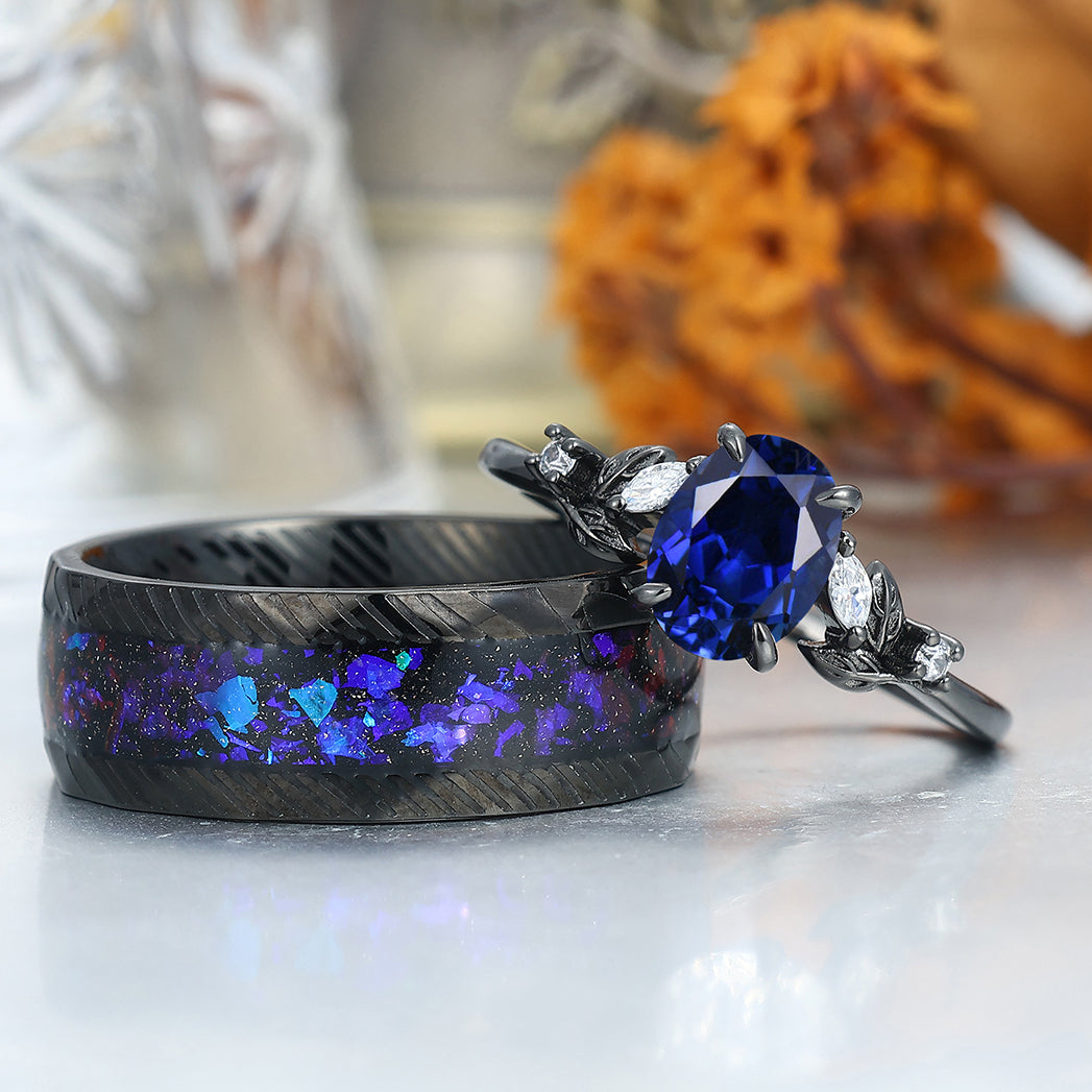 Delicate Sapphire Matching Engagement and Wedding Rings Blue Anniversary Couple Rings