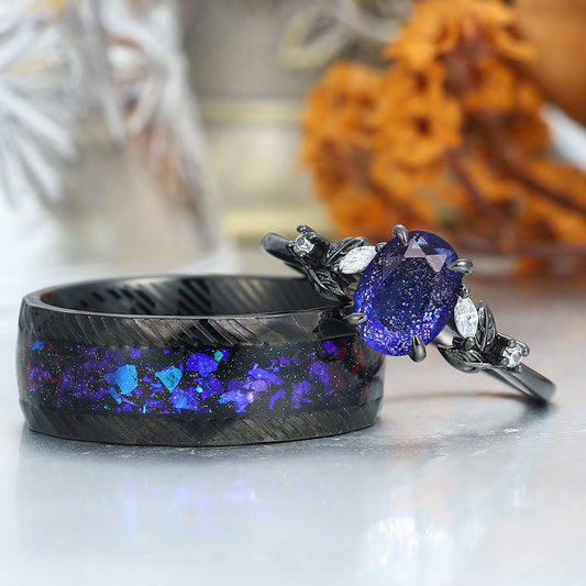 Aglisten Galaxy Sandstone Couple Rings Matching Engagement and Wedding Rings