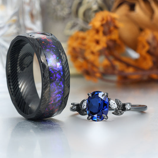 Delicate Sapphire Matching Engagement and Wedding Rings Blue Anniversary Couple Rings