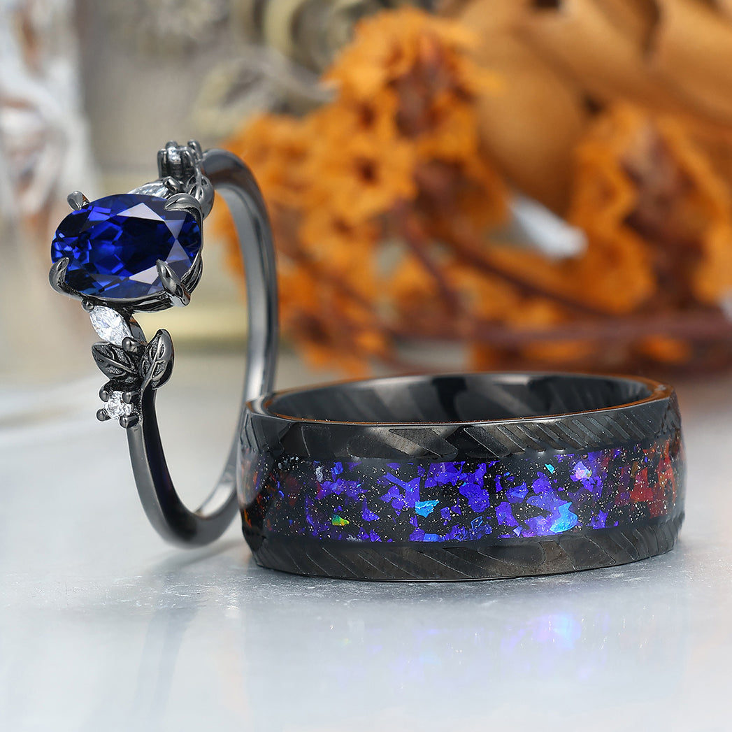 Delicate Sapphire Matching Engagement and Wedding Rings Blue Anniversary Couple Rings