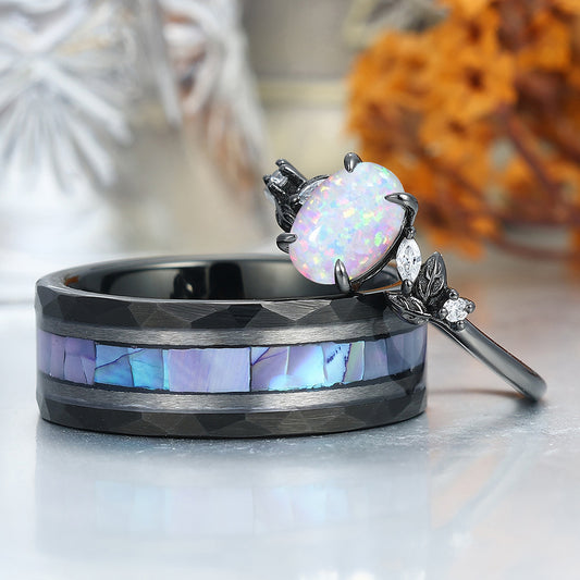 Elegant Pink White Opal Leaf Accents Engagement Rings For Couples Hammered Tungsten Bands