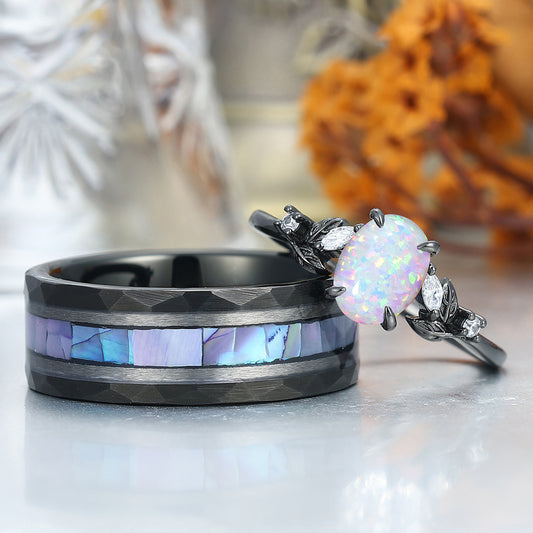 Elegant Pink White Opal Leaf Accents Engagement Rings For Couples Hammered Tungsten Bands