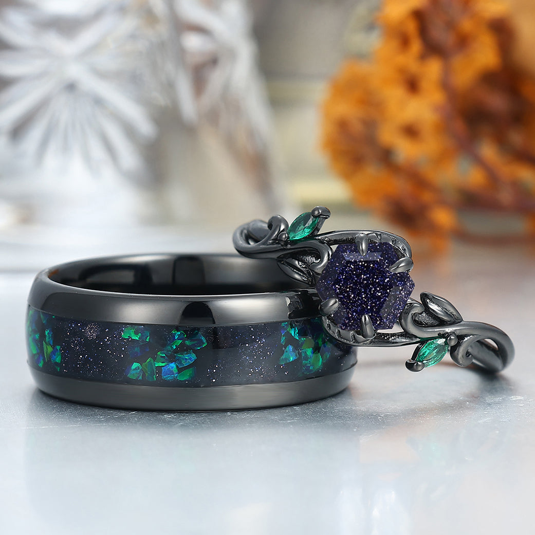 Unique Blue Sanstone Twigs Engagement Couple Rings Modern Black Tungsten Wedding Band