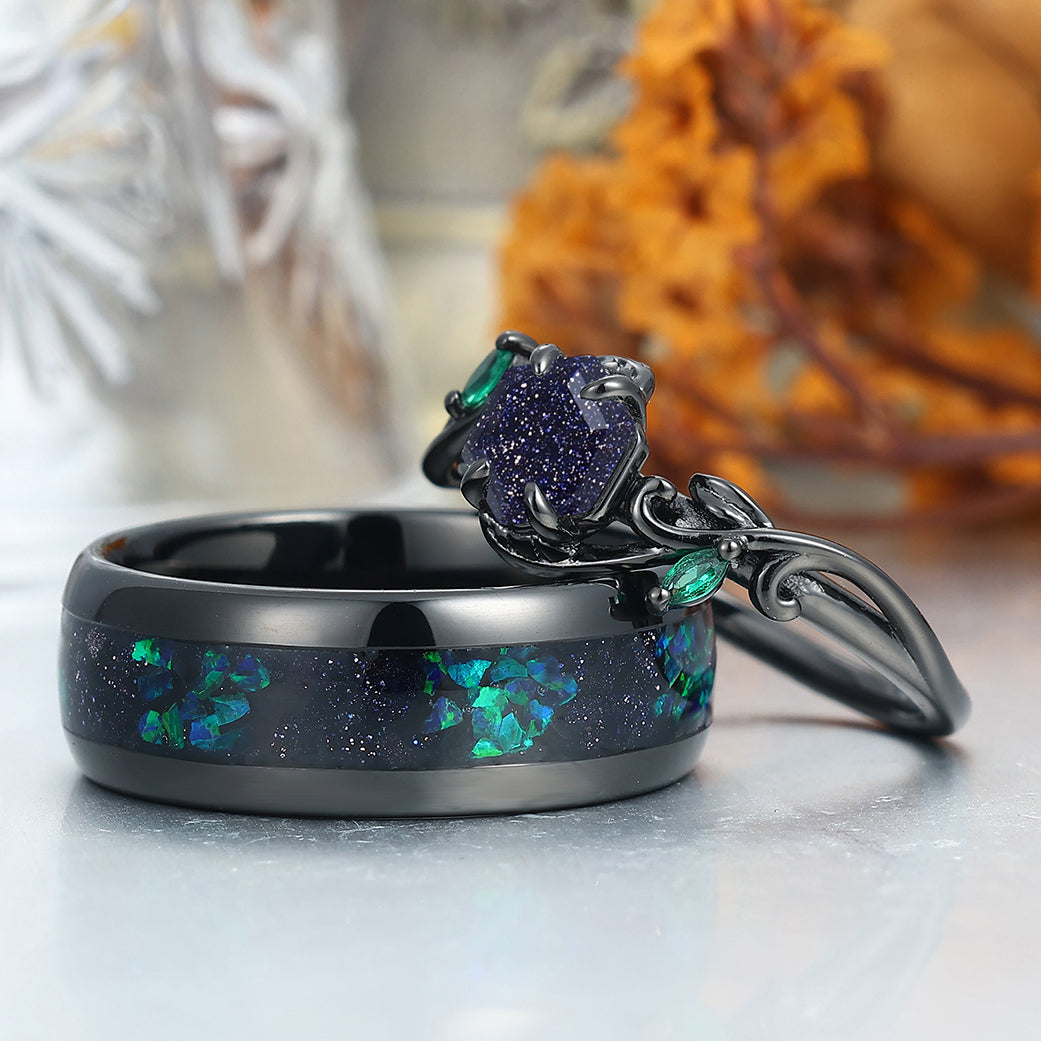 Unique Blue Sanstone Twigs Engagement Couple Rings Modern Black Tungsten Wedding Band