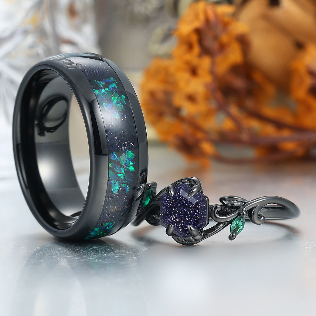 Unique Blue Sanstone Twigs Engagement Couple Rings Modern Black Tungsten Wedding Band