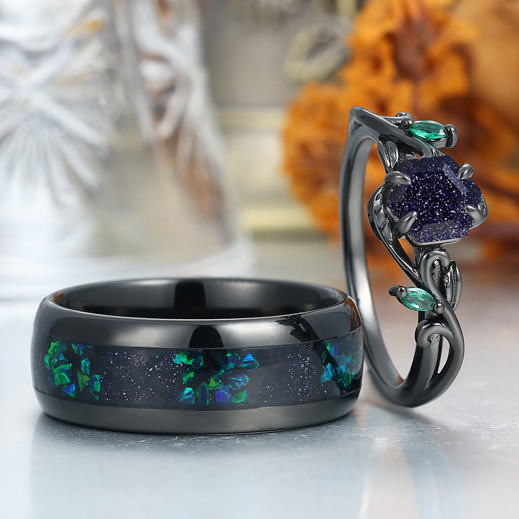 Unique Blue Sanstone Twigs Engagement Couple Rings Modern Black Tungsten Wedding Band
