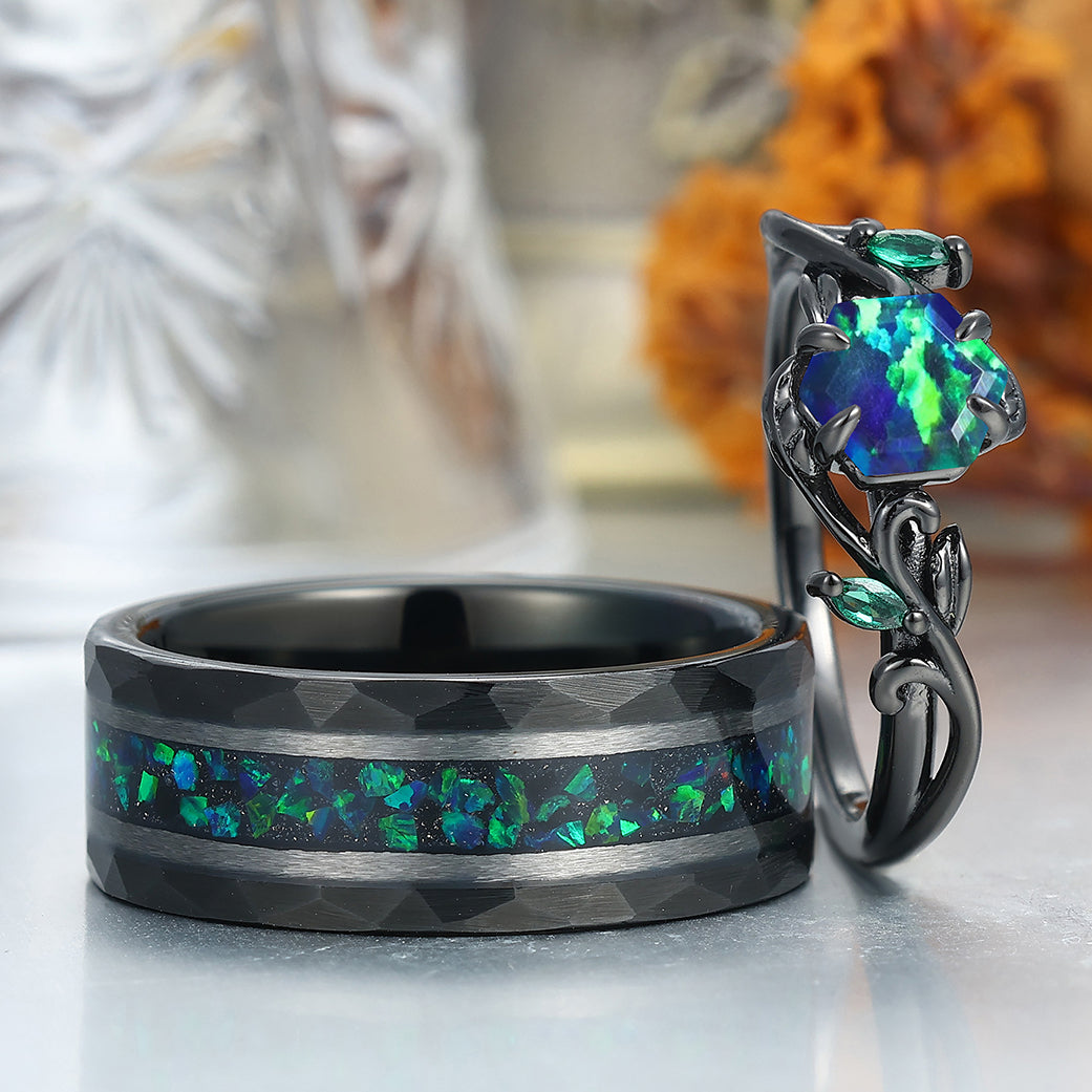 Hexagon Cut Peacock Green Opal Branches Couple Rings Hammered His And Hers Wedding Band