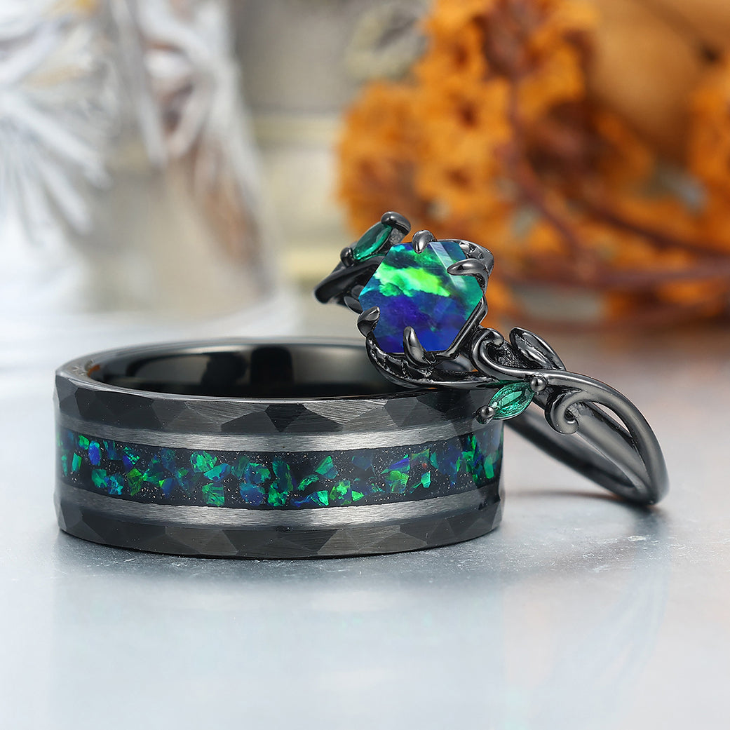 Hexagon Cut Peacock Green Opal Branches Couple Rings Hammered His And Hers Wedding Band