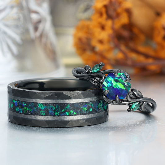 Hexagon Cut Peacock Green Opal Branches Couple Rings Hammered His And Hers Wedding Band