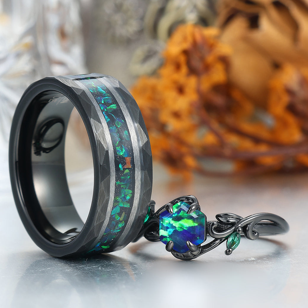Hexagon Cut Peacock Green Opal Branches Couple Rings Hammered His And Hers Wedding Band