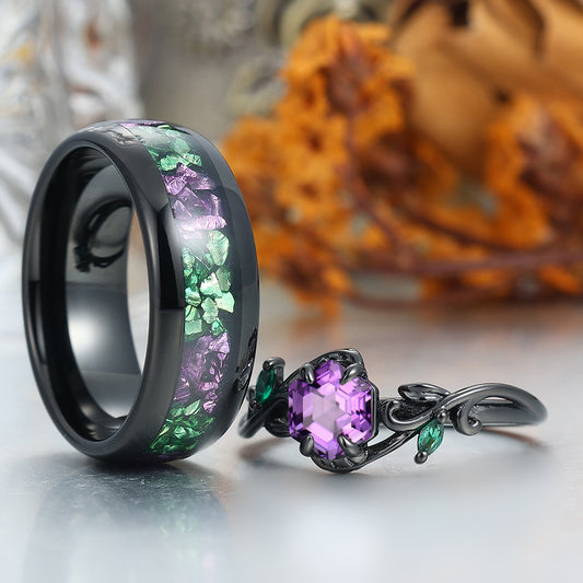 Natural Amethyst Twigs Engagement Rings For Couples Personalized Purple Tungsten Wedding Ring