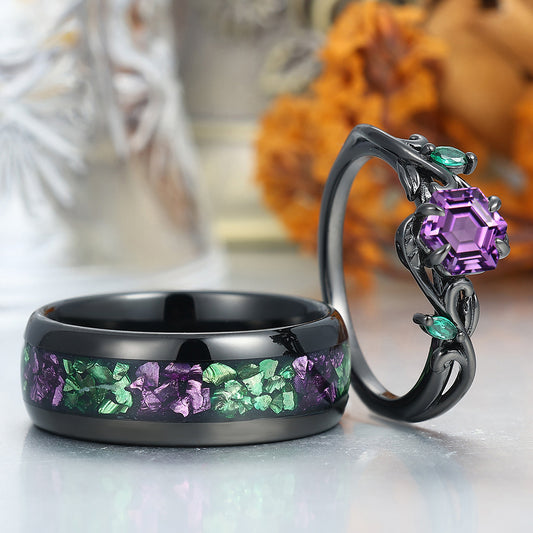 Natural Amethyst Twigs Engagement Rings For Couples Personalized Purple Tungsten Wedding Ring