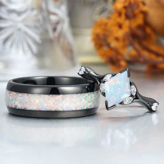 Art Deco Pink White Opal Engagement Couples Rings Matching Polished Dome Tungsten Rings for Couples