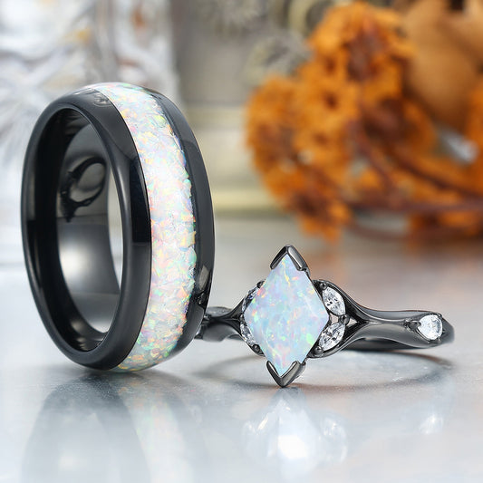 Art Deco Pink White Opal Engagement Couples Rings Matching Polished Dome Tungsten Rings for Couples
