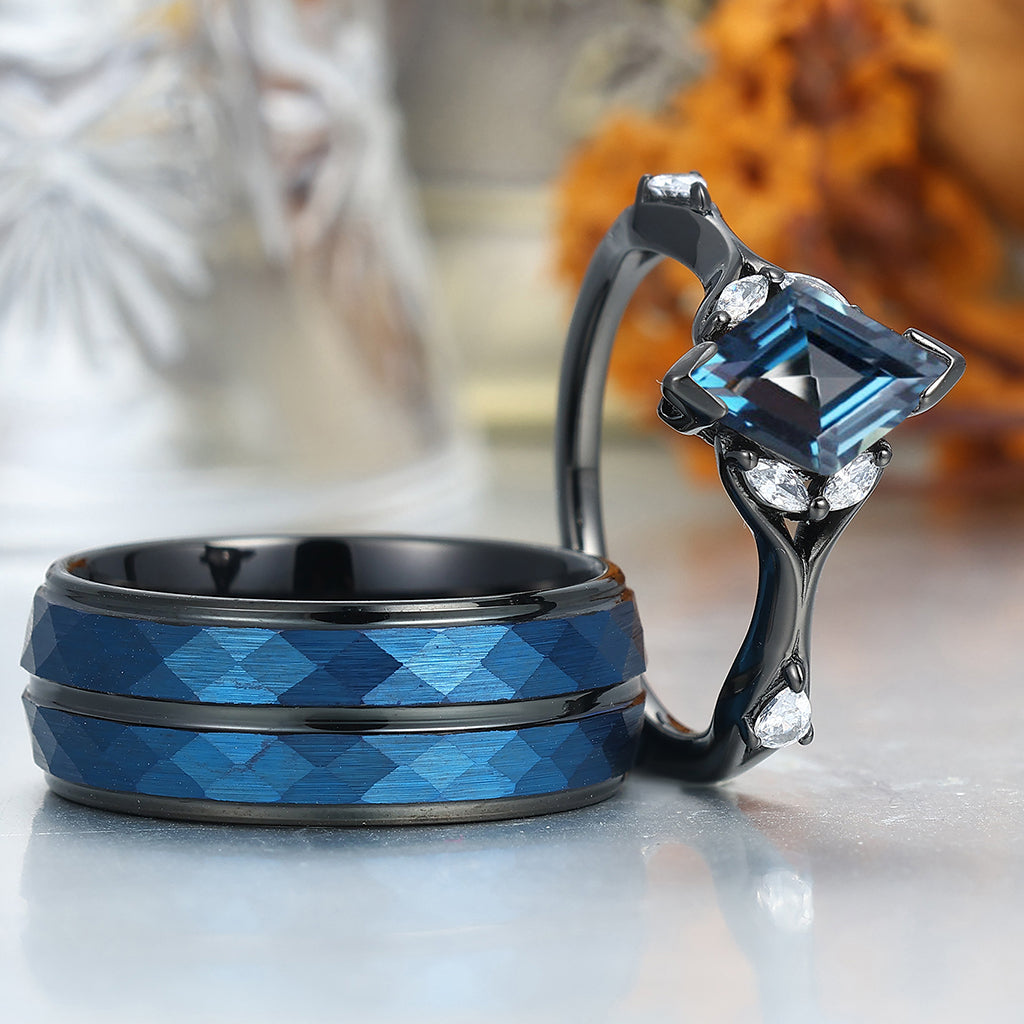 Stylish Rhombus London Blue Topaz Curved Rings For Couples Promise His And Hers Matching Wedding Band