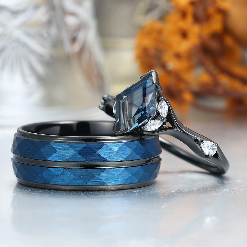 Stylish Rhombus London Blue Topaz Curved Rings For Couples Promise His And Hers Matching Wedding Band