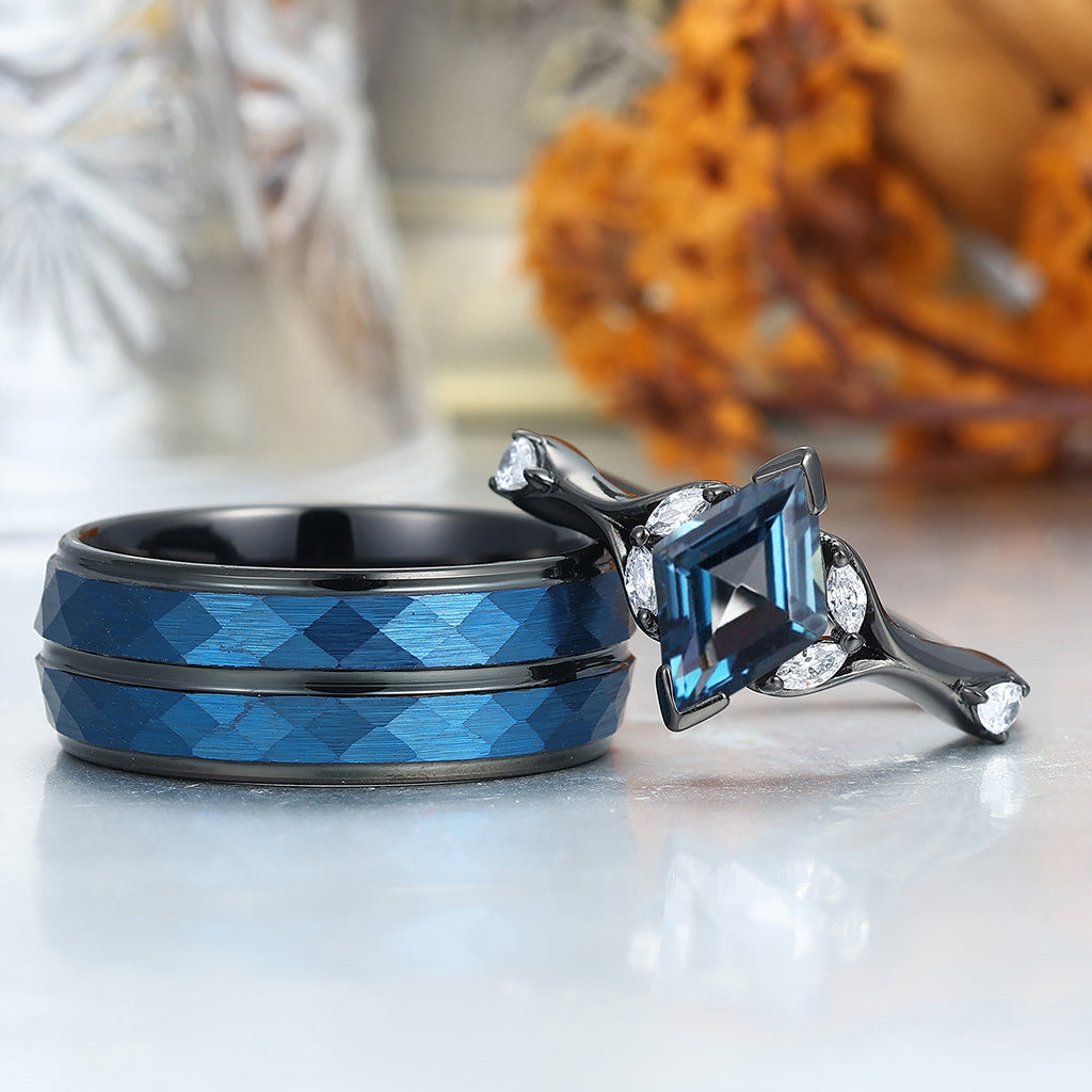 Stylish Rhombus London Blue Topaz Curved Rings For Couples Promise His And Hers Matching Wedding Band