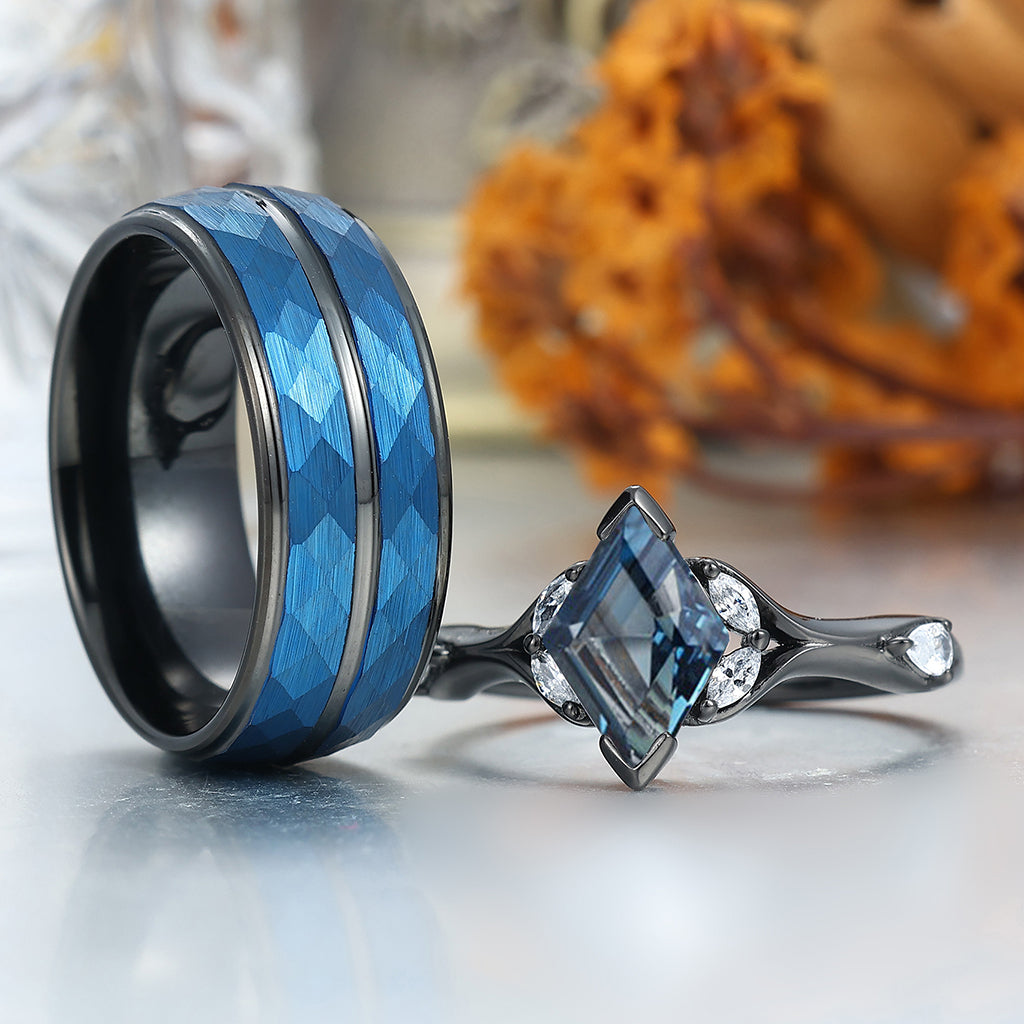 Stylish Rhombus London Blue Topaz Curved Rings For Couples Promise His And Hers Matching Wedding Band