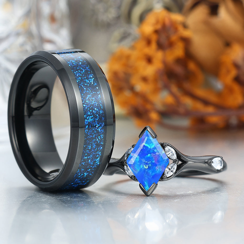Stylish 2CT Rhombus Blue Opal His And Her Wedding Bands Matching Aglisten Personalized Couples' Set