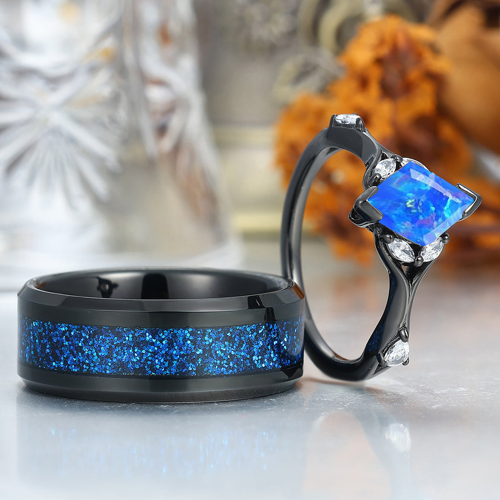 Stylish 2CT Rhombus Blue Opal His And Her Wedding Bands Matching Aglisten Personalized Couples' Set