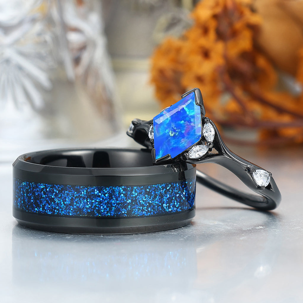 Stylish 2CT Rhombus Blue Opal His And Her Wedding Bands Matching Aglisten Personalized Couples' Set