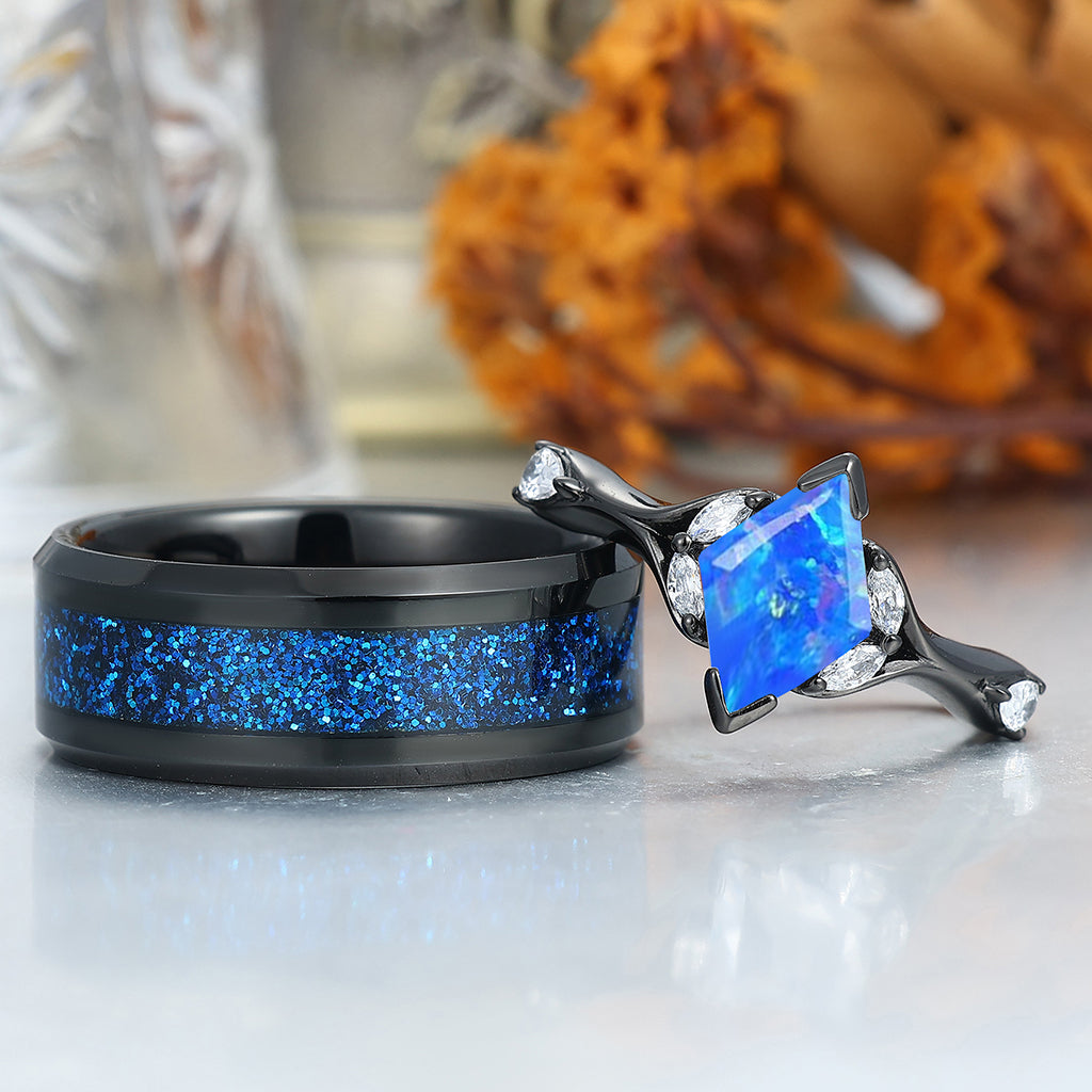 Stylish 2CT Rhombus Blue Opal His And Her Wedding Bands Matching Aglisten Personalized Couples' Set
