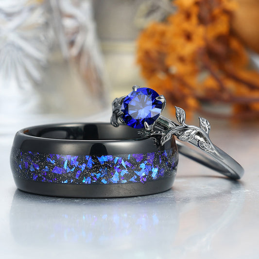 Unique Sapphire Leaf Engagement His And Hers Wedding Bands Blue Tungsten Rings For Couples