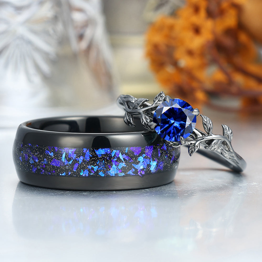 Unique Sapphire Leaf Engagement His And Hers Wedding Bands Blue Tungsten Rings For Couples