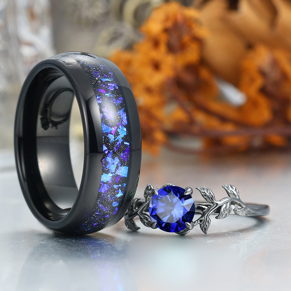 Unique Sapphire Leaf Engagement His And Hers Wedding Bands Blue Tungsten Rings For Couples