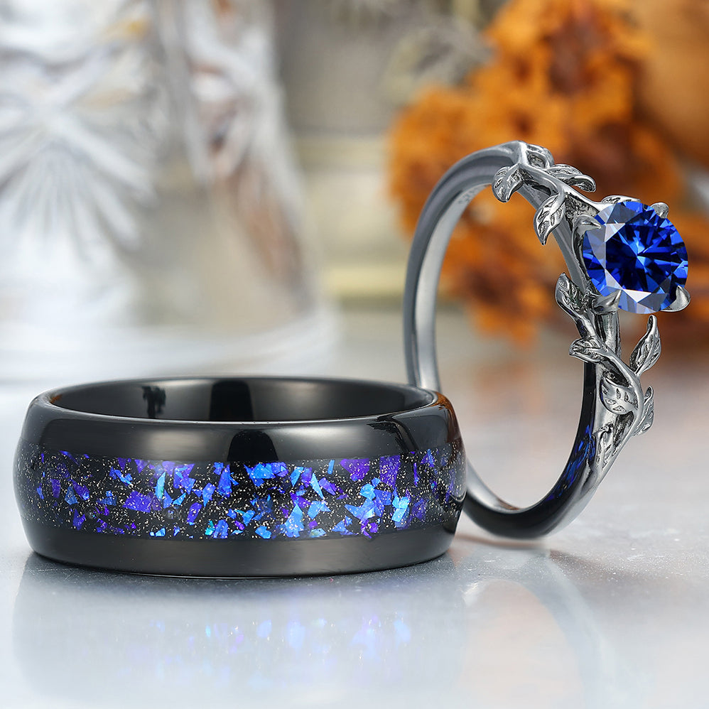 Unique Sapphire Leaf Engagement His And Hers Wedding Bands Blue Tungsten Rings For Couples