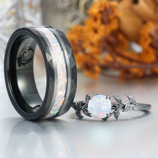 Solitaire Round Pink White Opal Engagement Couples Ring Anniversary Ring For Men And Women
