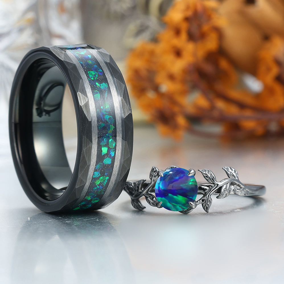 Leaf Design Peacock Green Opal Engagement Couples Ring Set S925 And Hammered Tungsten Ring