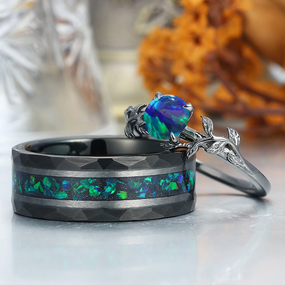 Leaf Design Peacock Green Opal Engagement Couples Ring Set S925 And Hammered Tungsten Ring
